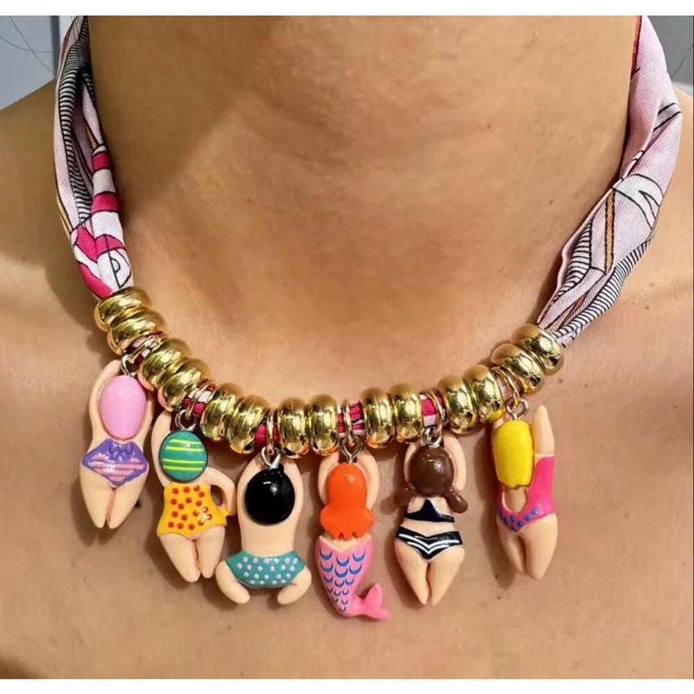 Whimsical Summer Charm Scarf Necklace with Gold Beads & Beach Girl Charms